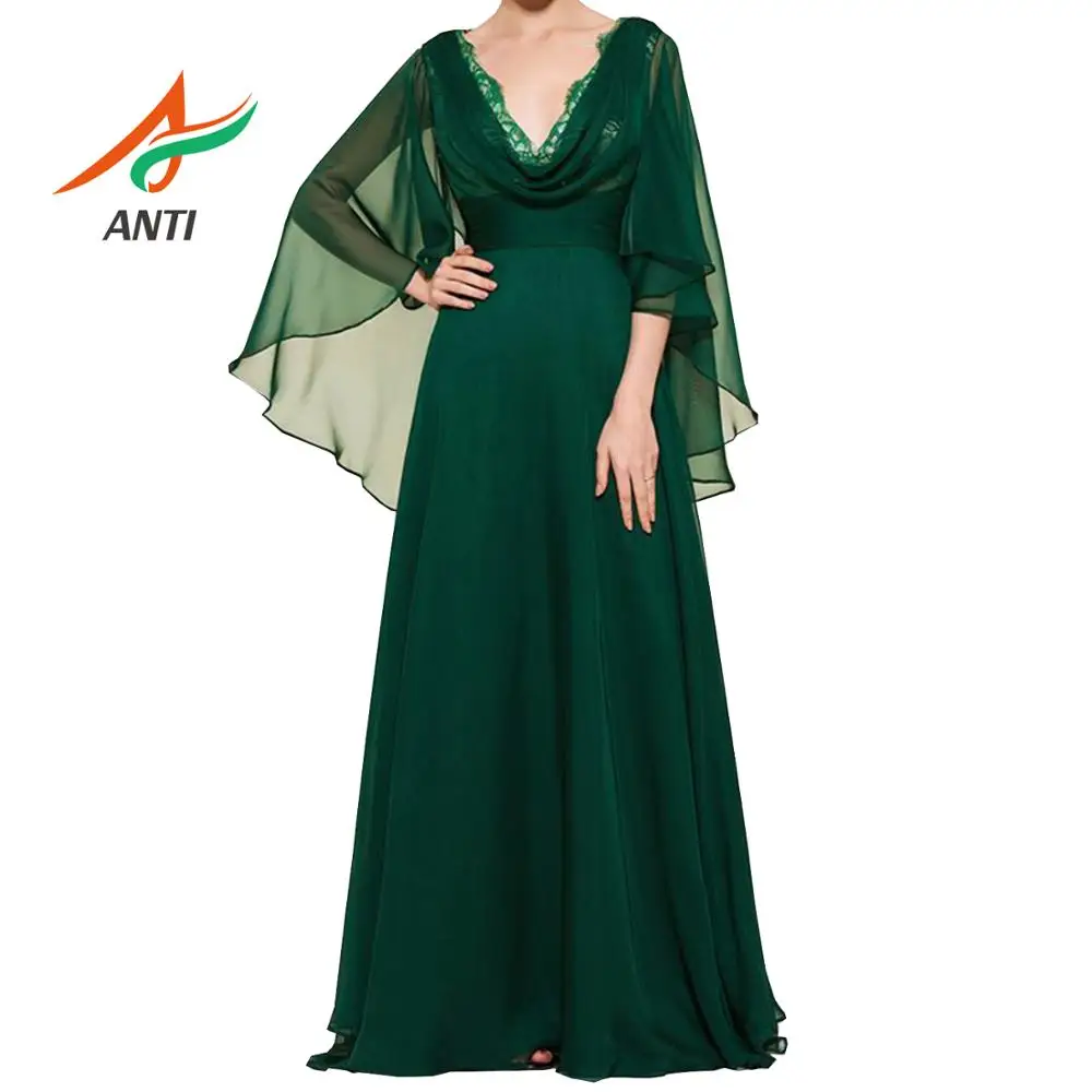 

ANTI Dark Green Sexy V-neck Formal Party Gowns Long Evening Dress With Long Sleeve Women 2019 Summer Chiffon robe de soiree