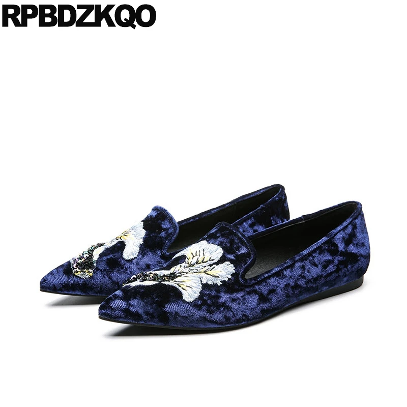 

Blue Women Autumn Spring Bling Sequins Single Shoes Denim Flower Handmade Embroidery Velvet Flats Embroidered Party Loafers