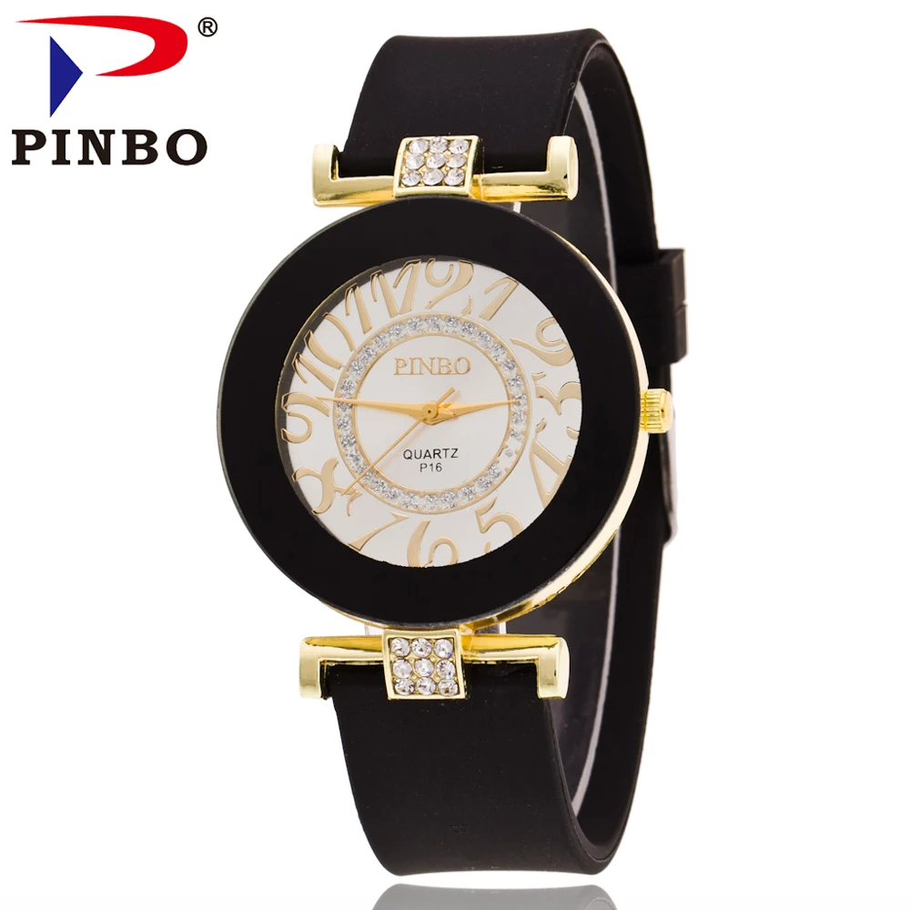 

2017 PINBO Brand Hot Sell Fashion Casual Big Number Gold Casual Quartz Ladies Watch Women Crystal Silicone Watches Reloj Mujer