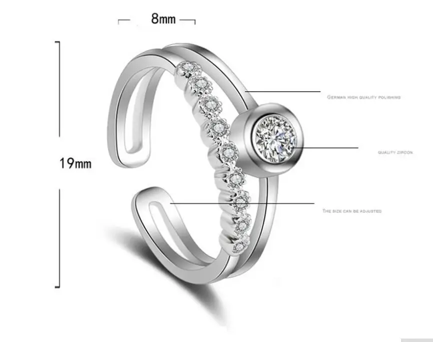 Новые модные изысканные кольца с цирконием и кристаллами, 925 пробы, серебряные, два ряда, красивые, с регулируемым размером, женские свадебные кольца, S-R55