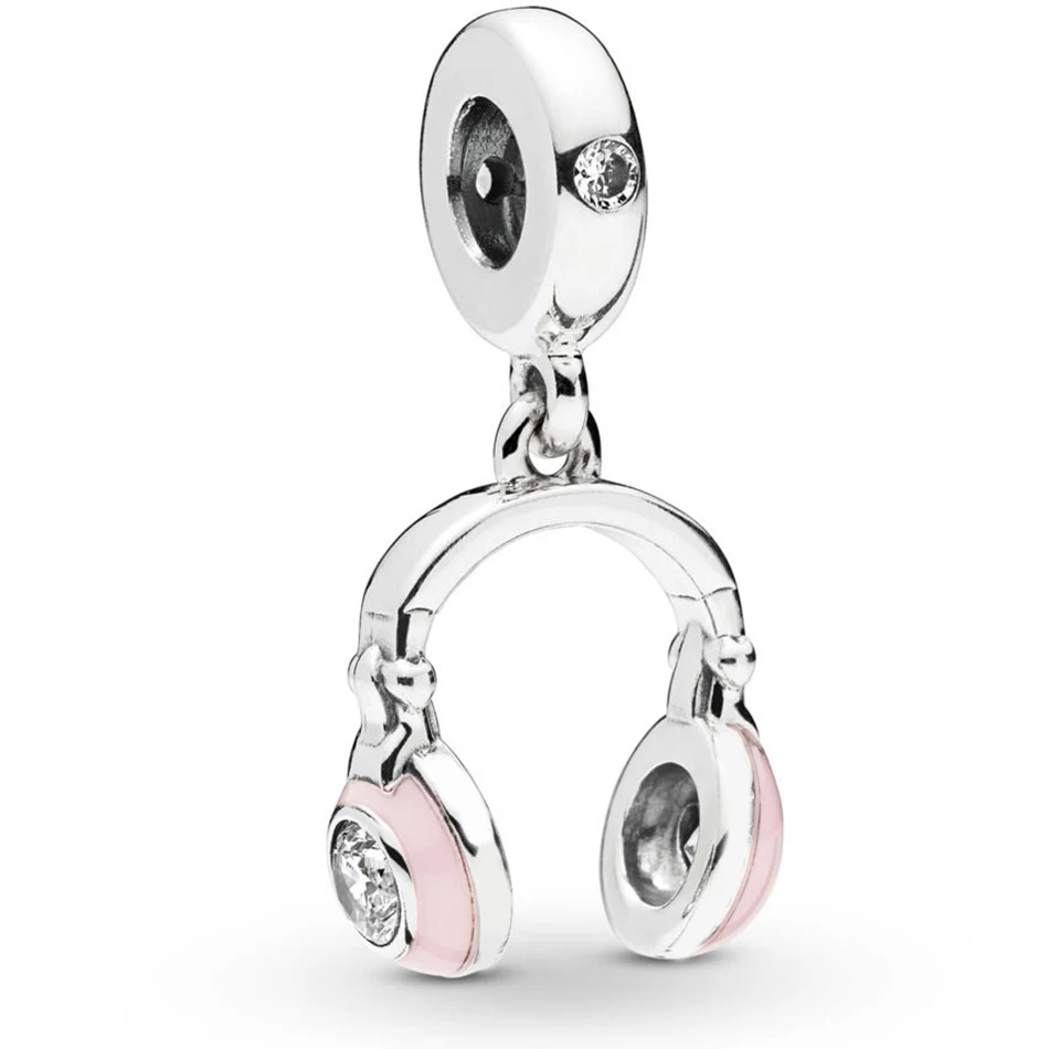 

Authentic 925 Sterling Silver Enamel Pink Headphones With Crystal Dangle Charm Fit Pandora Bracelet Bangle DIY Jewelry