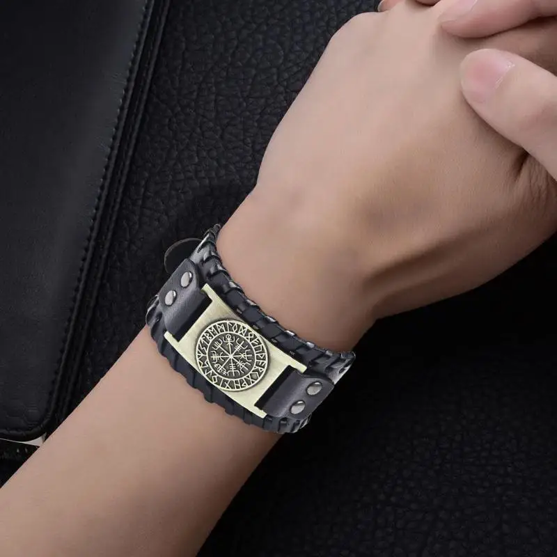 

Norse Runes Vegvisir Compass Viking Bracelet Nordic Wristbands Compass Wide Leather Bangle Nordic Men Bracelet Jewelry