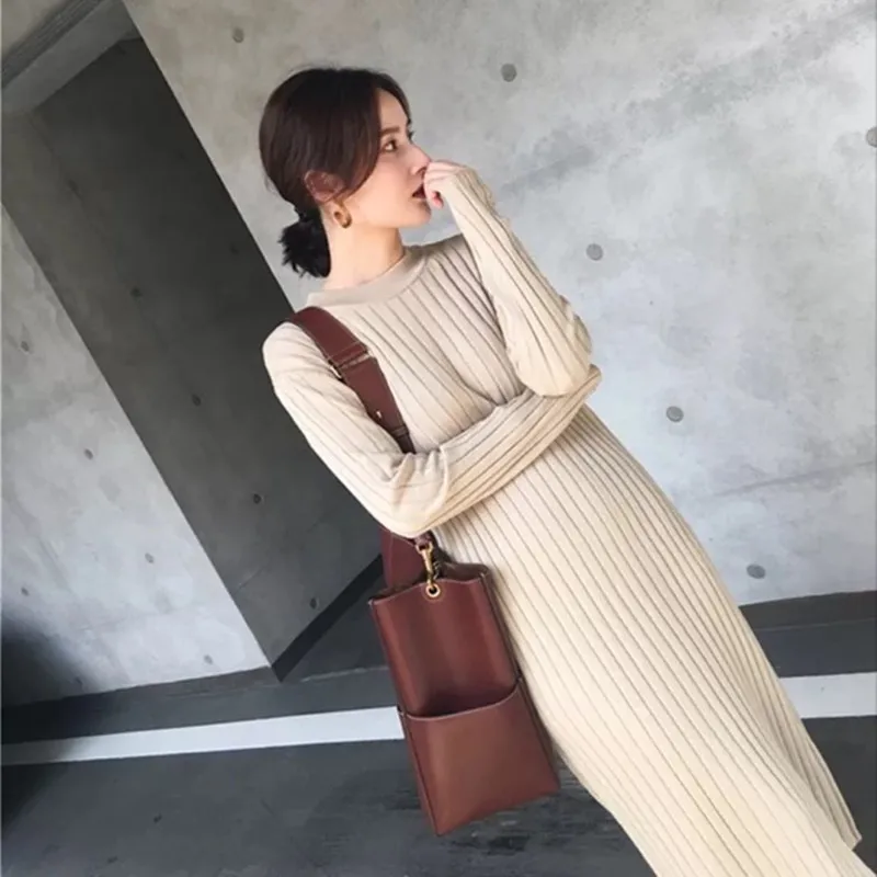 

High quality Women dress 2019 New knitted long sleeve bodycon dress Women vintage elegant sweater long dress black midi dresses