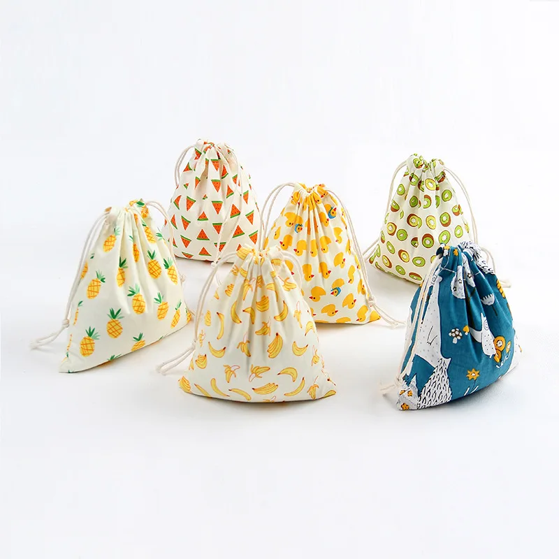 

Printed Fruit Pattern Cotton and Linen Storage Bag Beam Drawstring Bag Gift Candy Bag Small Middle Large Storage Bag Set