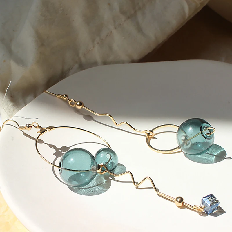 Dangle Long Earrings Vintage Dark Green Glass Ball Circle For Women