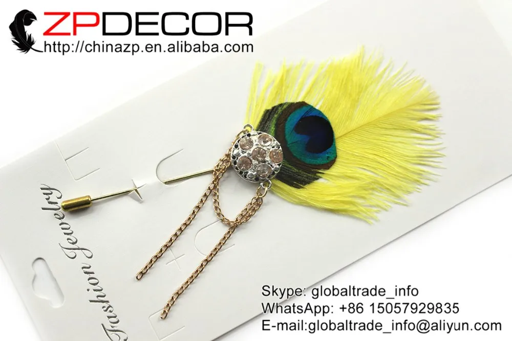 14_ yellow Ostrich Feather Handmade Lapel Pin with Crystal Brooch (2)