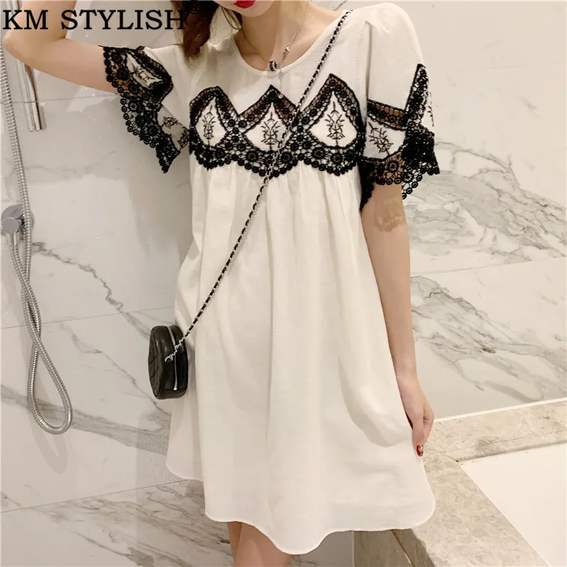 

2019 Spring/Summer New Women's Lace Cutout Splicing Short Sleeve Loose a-Line Large swing Dress