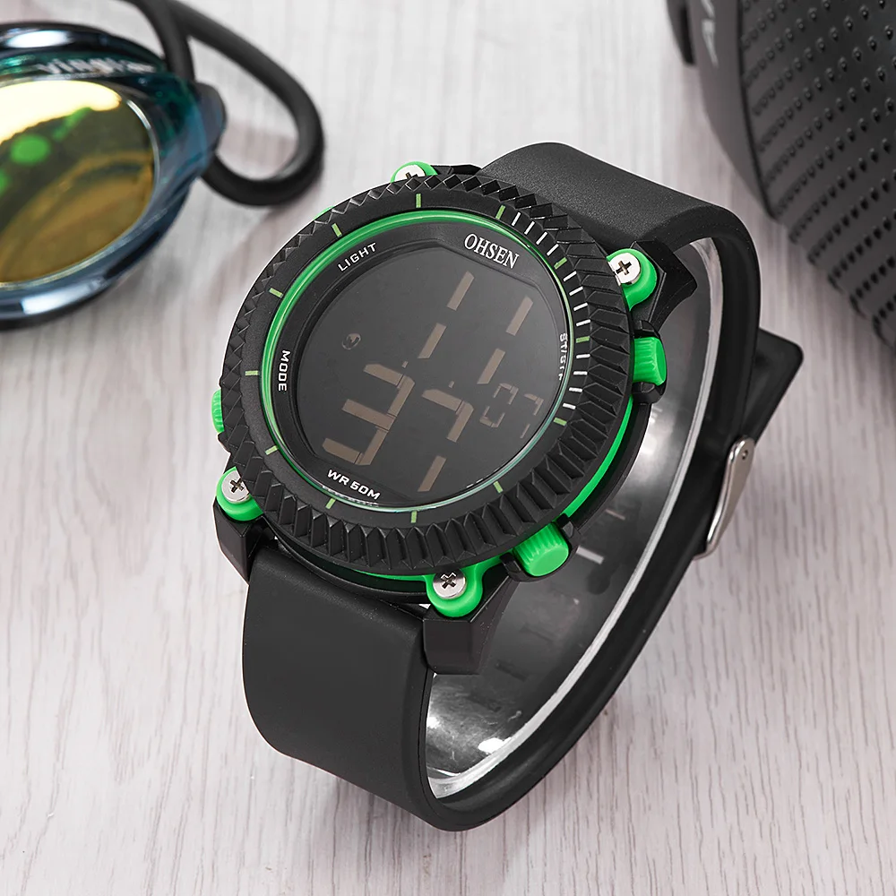 

NEW Arrival OHSEN Fashion Digital Watch Green Men Wristwatches Alarm Date Day Display Rubber Band Waterproof Sport Watch Relogio