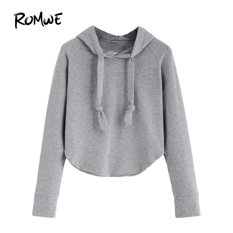 

ROMWE Casual Pullovers For Ladies New Design Autumn Womens Plain Grey Long Raglan Sleeve Hooded Crop Sweatshirt