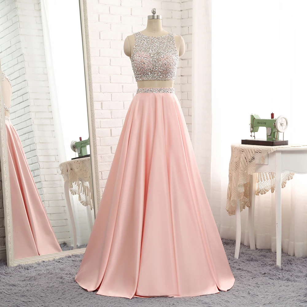 

Luxury Sheer Neck Two Piece Beading Long Robe De Soiree Crystal Sequin Backless Satin A-line Prom Dresses Vestidos Party Gowns