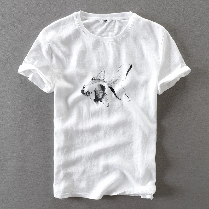 

2017 Ink printing large size round neck t-shirt men summer goldfish-print t shirt men brand short sleeve mens tshirt chemise