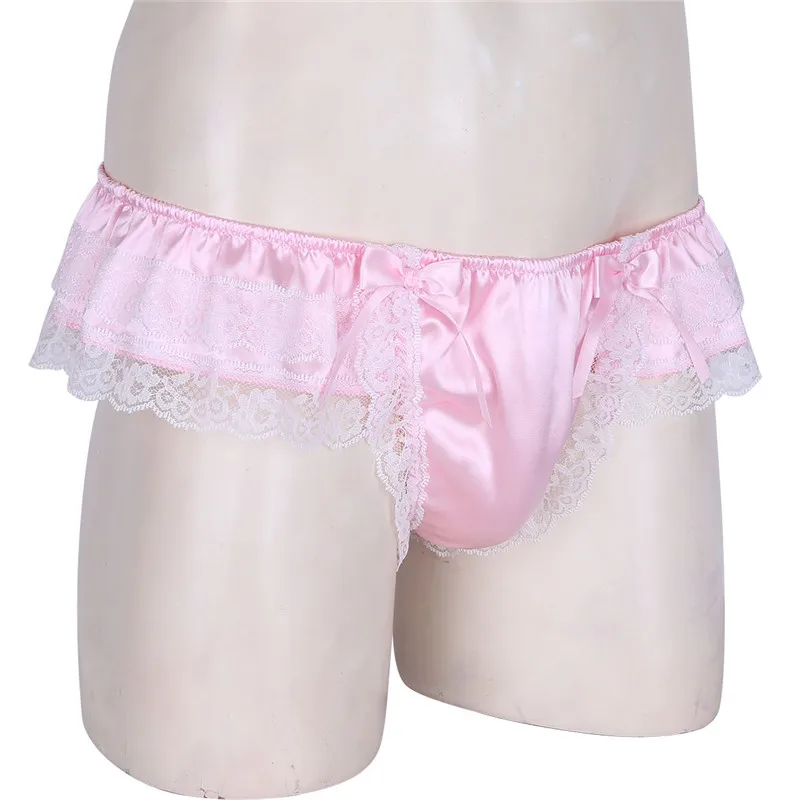 Sissy мужское блестящее атласное нижнее белье Двухслойное нижнее белье с цветочным кружевом сзади с большим бантом низкая посадка гей-стринги сексуальные трусики бикини