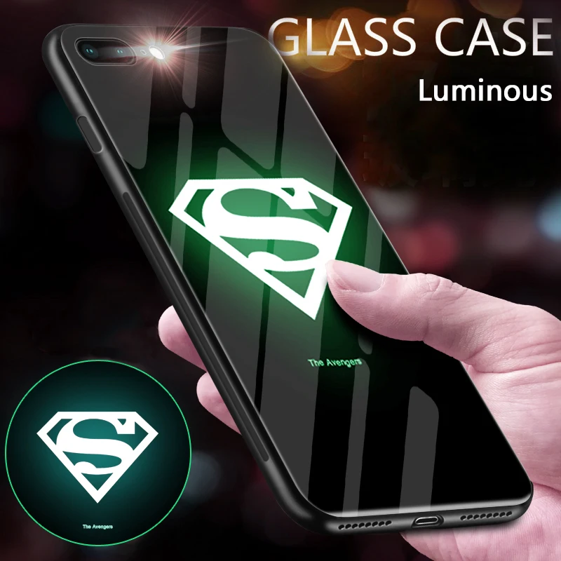 Marvel Batman Superman Spiderman Luminous Glass Case For iphone 7 8 6 6s Plus X XS
