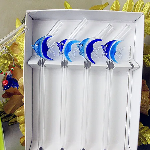 Высокое качество Чистая Стеклянная соломенная планка Свадебные День рождения стеклянные статуэтки в виде рыб дизайн защита окружающей среды изогнутые соломинки - Цвет: Синий