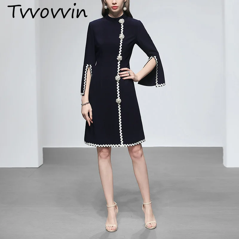 

Elegant Ladies Office Dress 2019 Spring Elegant Vintage Pearl Buttons Flare Sleeve Midi Dress Women High Quality Runway V737