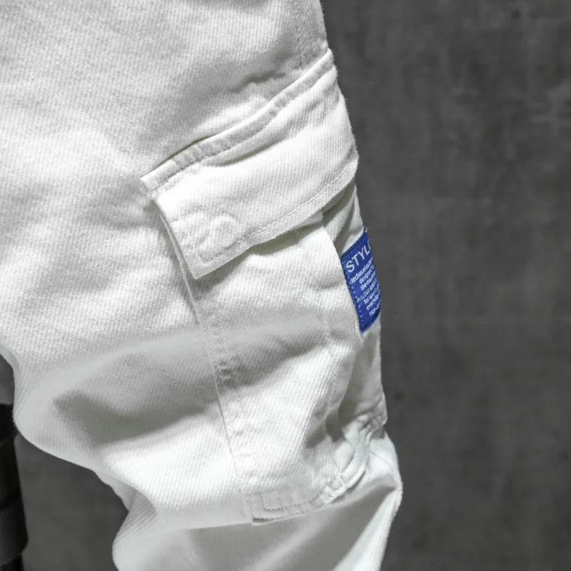 2019 Summer Fashion Men Jeans White Loose Fit Elastic Patch Pocket Cargo Pants Streetwear Slack Bottom Hip Hop Joggers Jeans Men