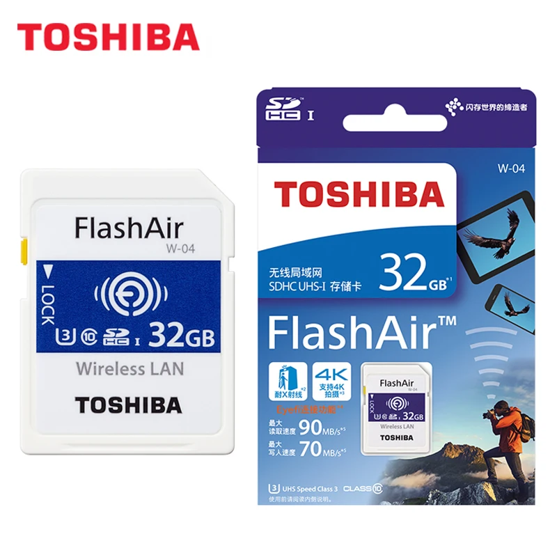 TOSHIBA FlashAir W-04, Wi-Fi, карта памяти, SD карта, 32 ГБ, SDHC, 64 ГБ, SDXC, класс 10, U3, sd-карта для цифровой камеры, зеркальная камера