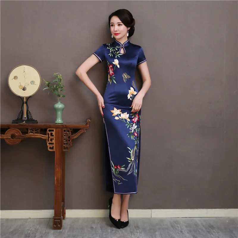 Традиционный китайский стиль вышивка цветок Qipao элегантный для женщин тонкий длинный Cheongsam Hamdamde Кнопка vestidos летнее платье S-3XL