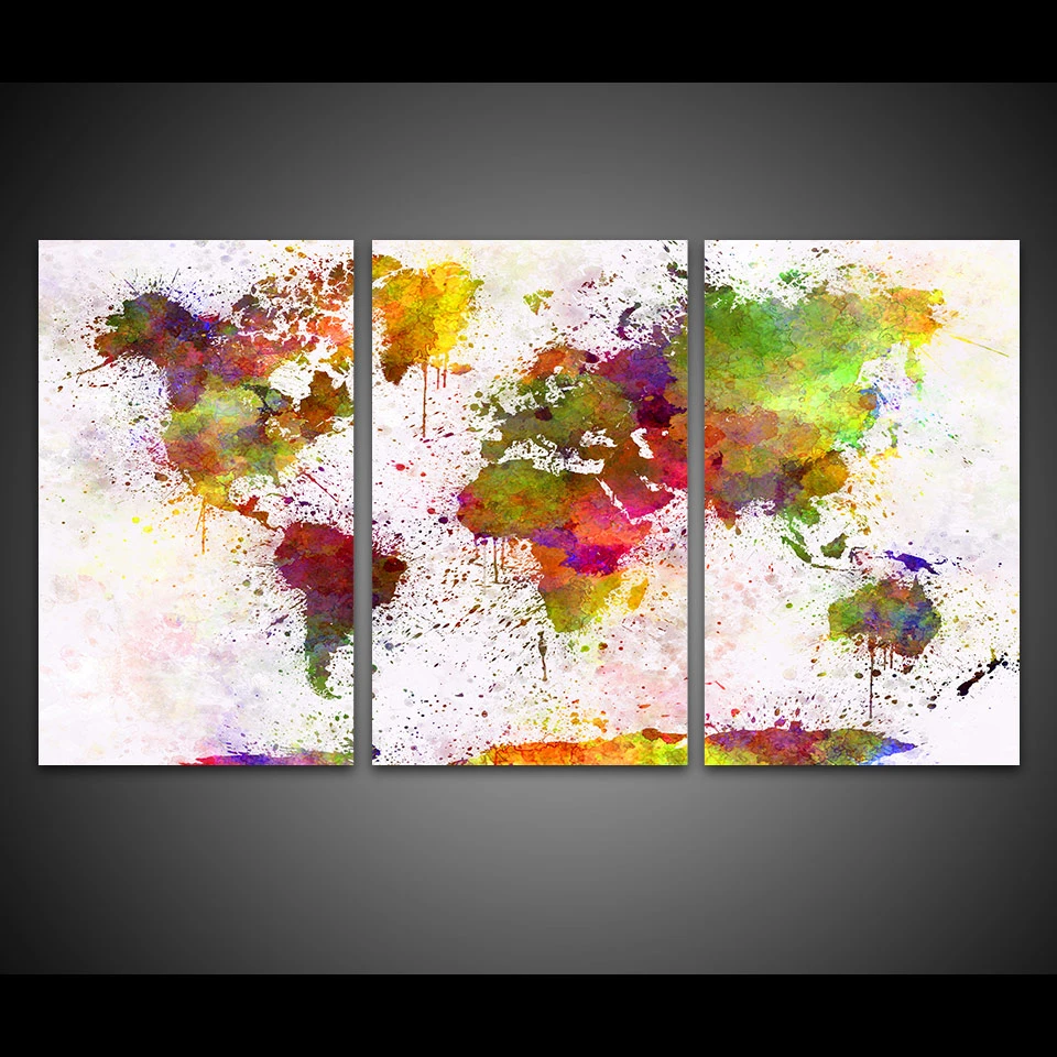 3 Piece World Map Painting On Canvas Print Home Decoration