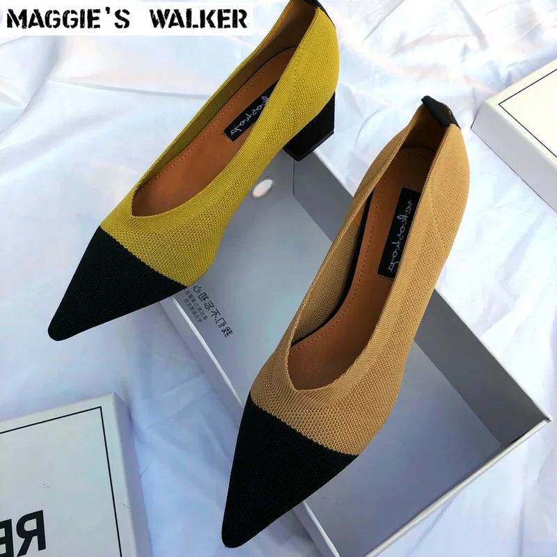 

Maggie's Walker Women's Spring Knitted Pointed-toe High-heeled Wedges Shoes Breathable Weaved Mixed-color High-heels Size 35~39