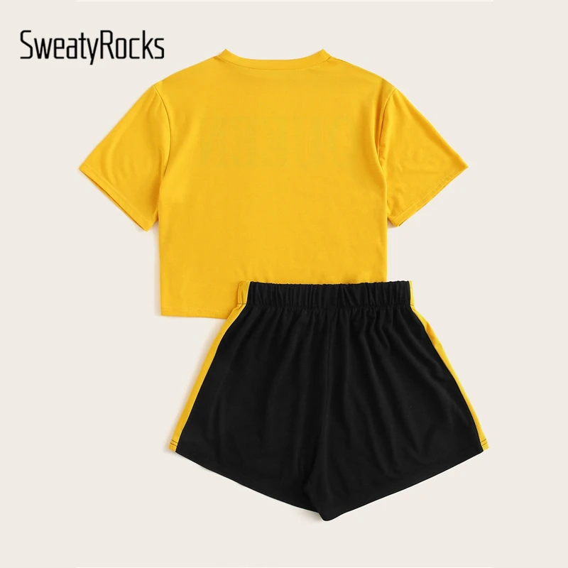 SweatyRocks плюс футболка с буквенным принтом и шорты для женщин летний комплект из двух предметов для активного отдыха комплект из 2 предметов