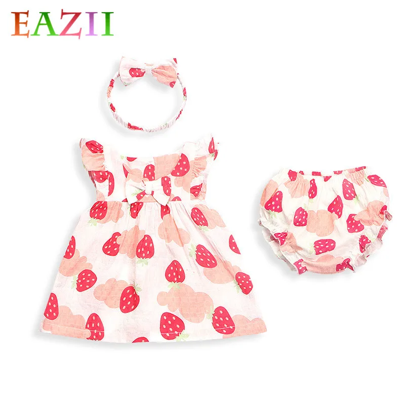 EAZII/летние платья для маленьких девочек платья без рукавов с набивным рисунком для детей от 0 до 3 лет, костюмы с нижним бельем платье принцессы и повязка на голову