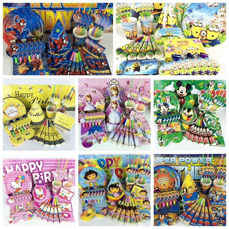 

10Set Multiple Styles Cartoon Theme Children's Party Tableware Set Birthday Baby Shower Party Decoration use for 6 people