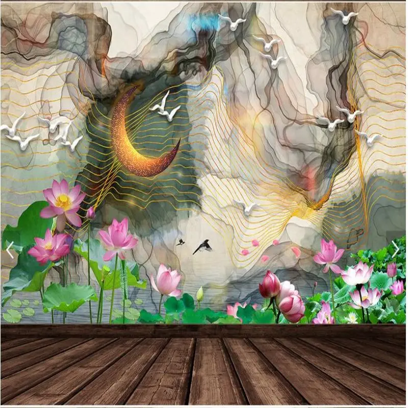 

Large custom mural wallpapers living room TV background wallpapers water moon lotus carp decoration painting papel de parede
