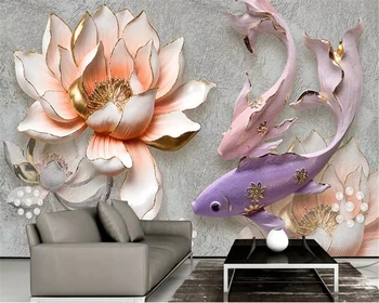 

beibehang papel de parede 3d Custom European Embossed Lotus Fish Fresh Pink Wallpaper TV Background Wall wallpaper for walls 3 d