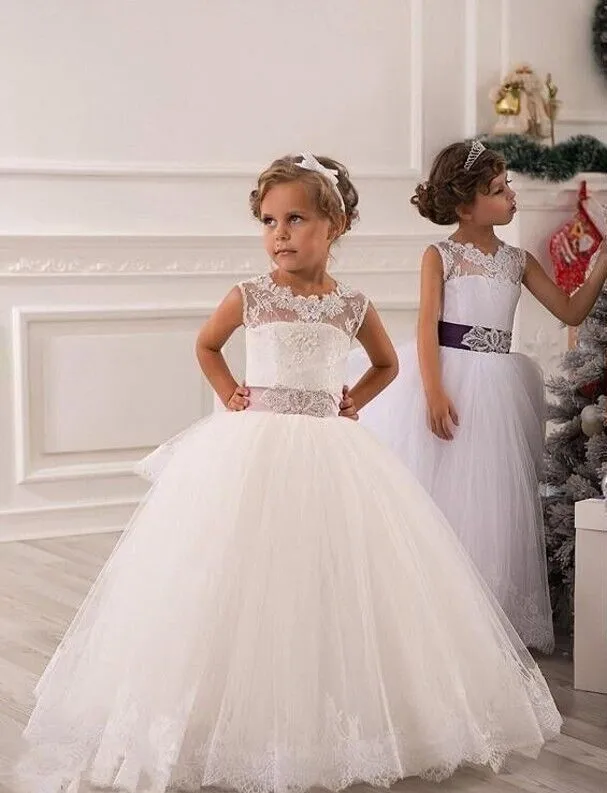Красивое белое платье с цветочным узором для девочек; коллекция года; кружевное бальное платье с аппликацией; многослойное свадебное платье из органзы для маленьких девочек