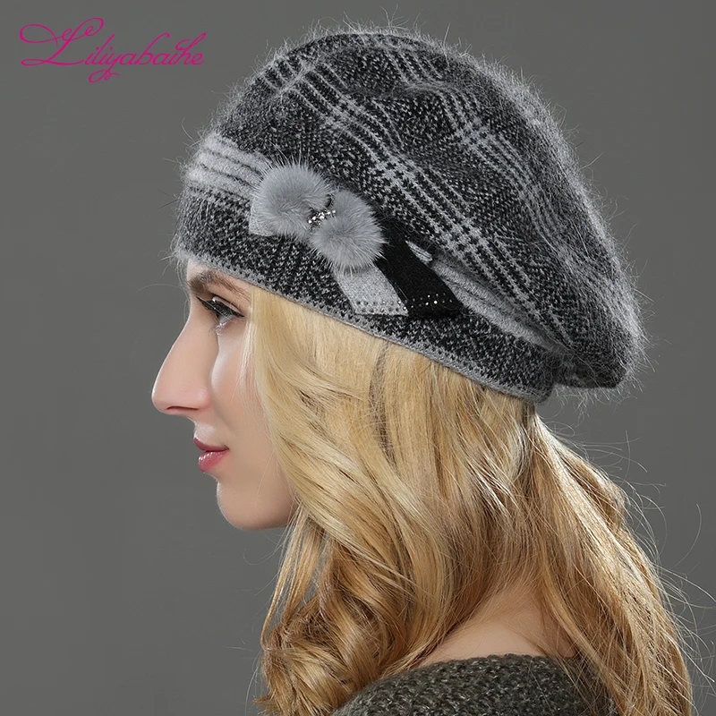 Najtaniej LILIYABAIHE NEW winterWomen beret hat dzianinowa wełna angora beret klasyczna siatka norki dekoracja kwiatowa czapka podwójna ciepła czapka