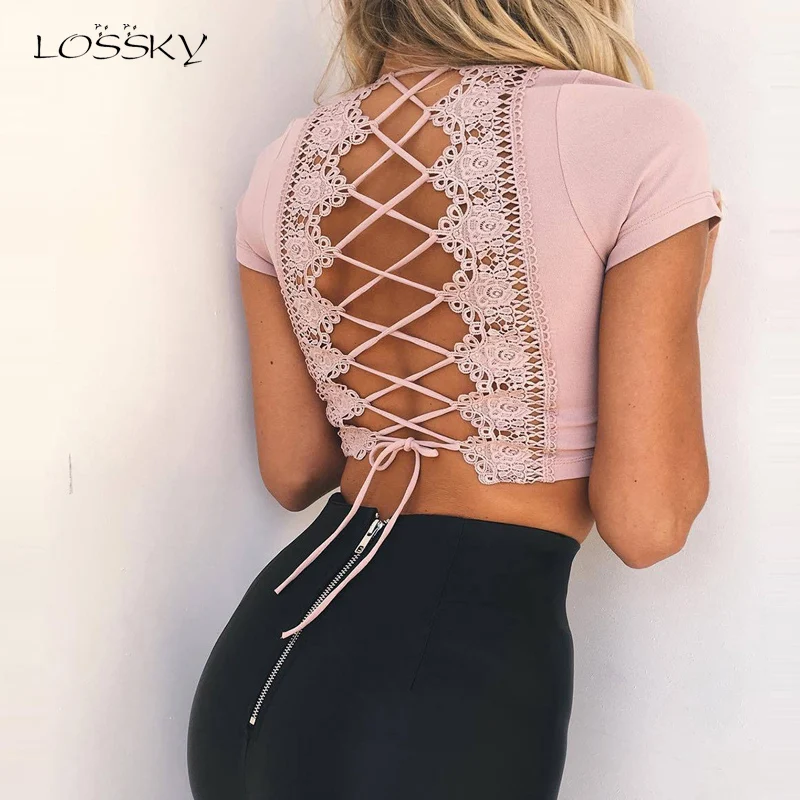 

LOSSKY Women Crop Top Hollow Out Bandage Sexy Summer Deep V Neck Short Sleeve Tee Shirts Casual Black Short Streetwear Lady Top