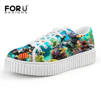 

FORUDESIGNS 2018 New Fashion Women Flats Lace-up Platform Shoes Sea Animal Tropical Fish Printed Women Casual Girl Creeper Shoes