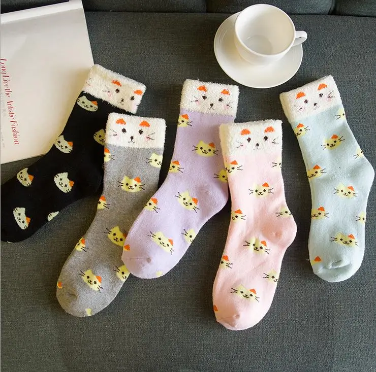 Cute cat cartoon fuzzy color cotton middle tube socks warm soft