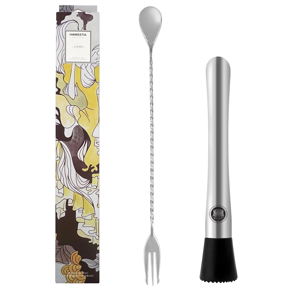 8" Silver Muddler and 12" Silver Mixing Spoon Bar Tools Set of 2Fruit