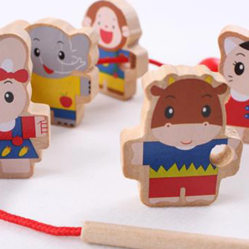 Wooden Toys Diy Toy Cartoon Animal Threading Wooden Beads Toy Montessori Educational For Kids 4