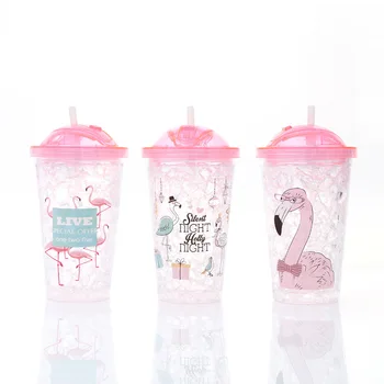 

450ml water bottle Creative flamingo water bottle Cute cartoon sippy cup Double cold drink ice cup Beach Coke Juice Cup