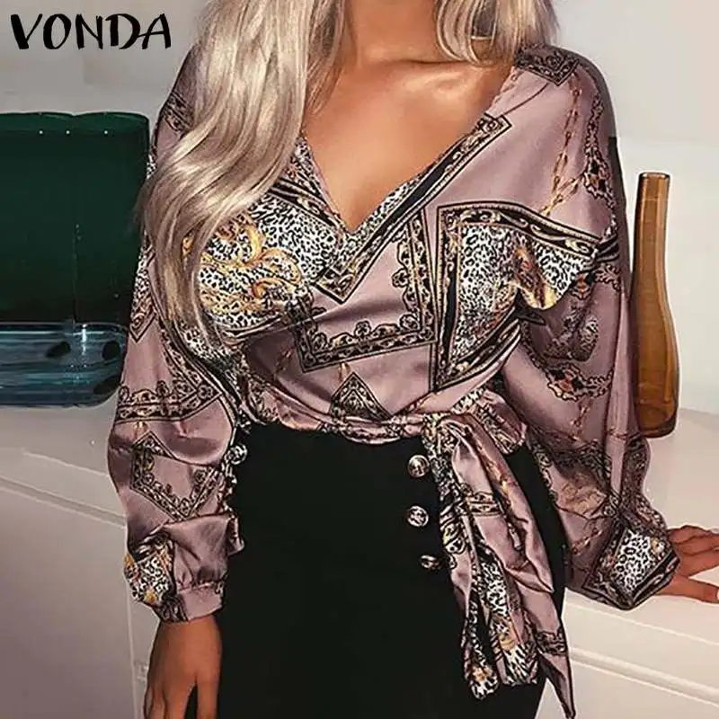 

VONDA Women Blouse Printed Shirts 2019 Sexy V Neck Long Sleeve Tops Vintage Lace up Blouse Ladies Shirt Blusas Mujer Plus Size