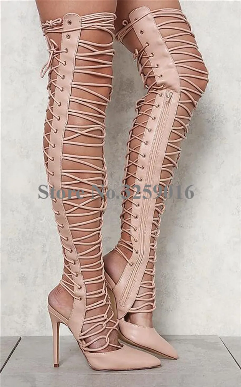

Women Fashion Design Pointed Toe Strap Cross Over Knee Thin Heel Gladiator Boots Cut-out Lace-up Long High Heel Boots Club Shoes