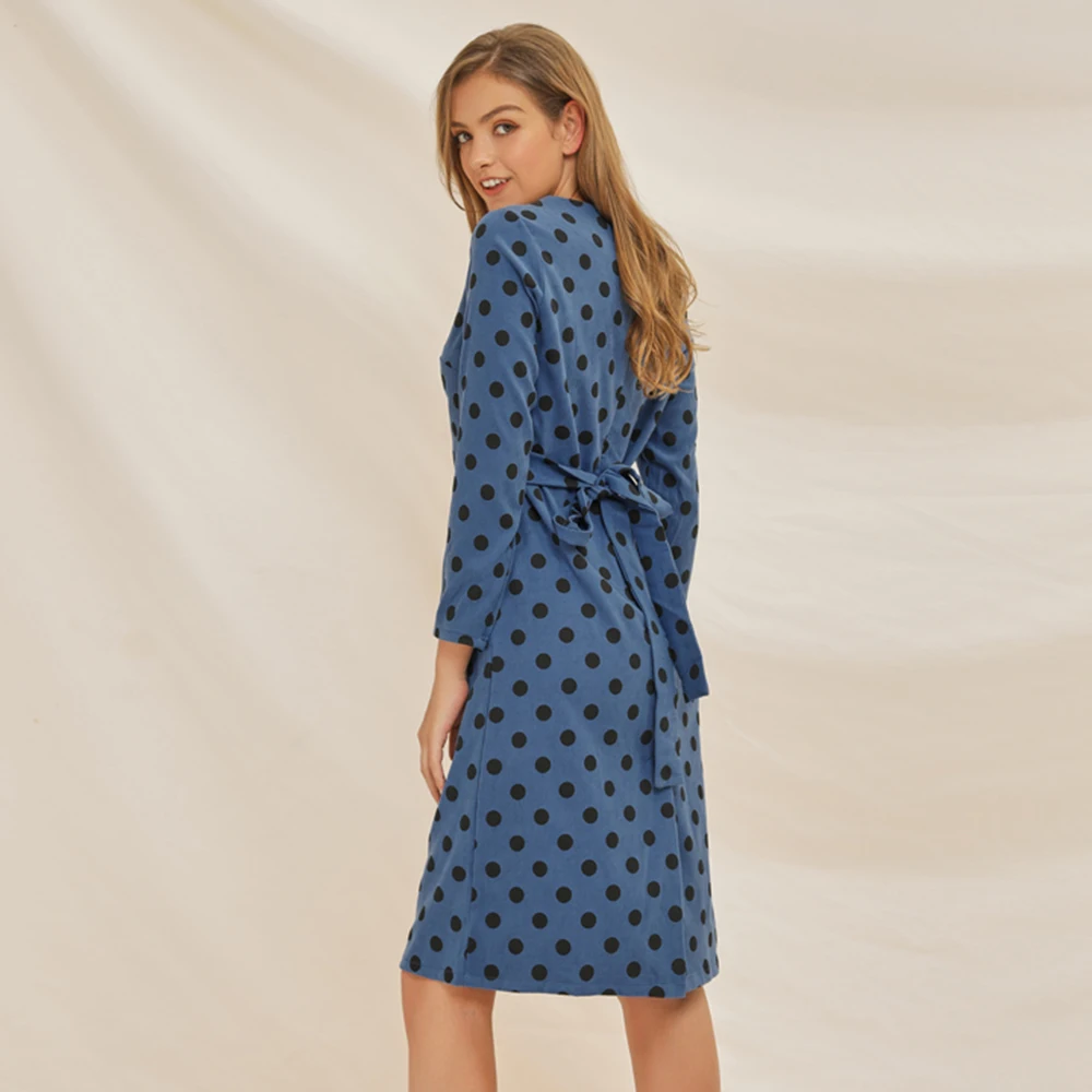 Elegant Womens Polka Dots Round Neck Long Sleeve Bodycon Slim Dress Blue S~2XL