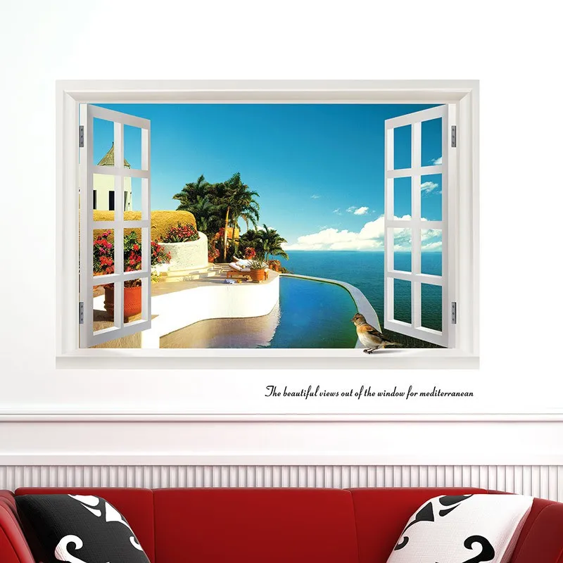 

Hot 3D Stickers Fake Windows Vacation Sea View / Aegean Wall Stickers Home Decor Waterproof Art Wall Paper