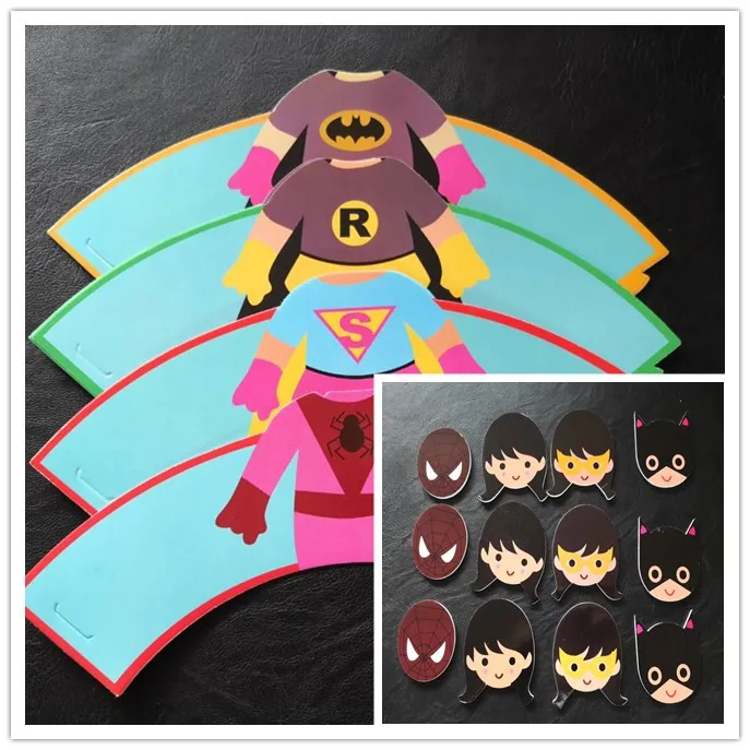 24 шт.(12 оберток+ 12 топперов) Человек-паук/Бэтмен обертки для кексов и топперы для детской вечеринки на день рождения, украшение для торта супергероя - Цвет: mix style