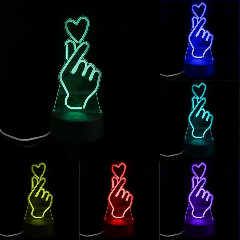  YAM USB Novelty 7 Colors Romantic Changing Finger Heart LED Night Light 3D Desk Table Lamp Magic Ni