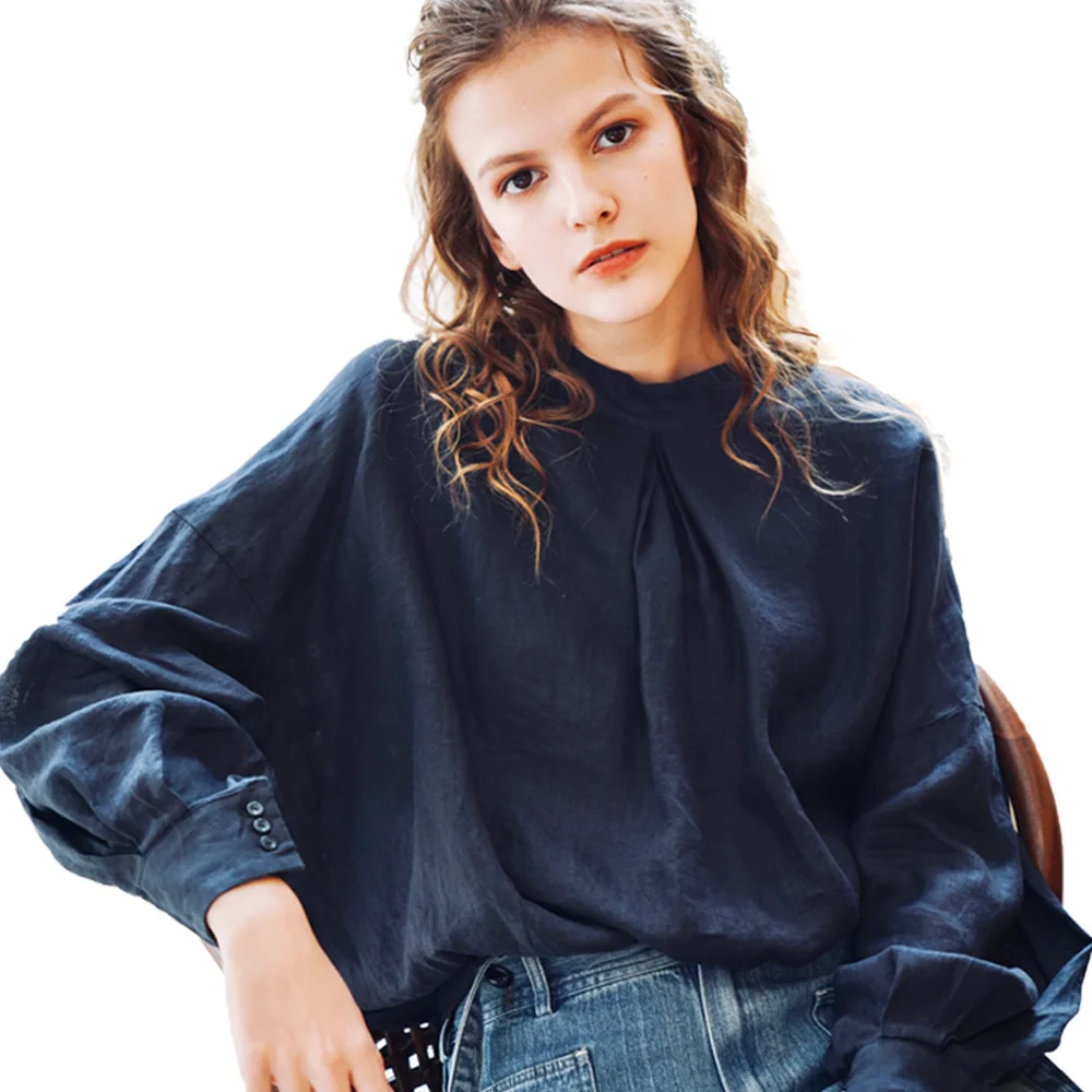 

The front and back pleated linen blouses for women in the new 2019brim hem elastic half sleeve shirt 183034
