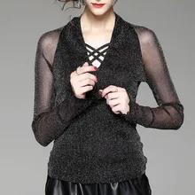 Новое поступление, женская модная футболка с v-образным вырезом, Сетчатая футболка, элегантная однотонная облегающая женская футболка, большие размеры, S-3XL