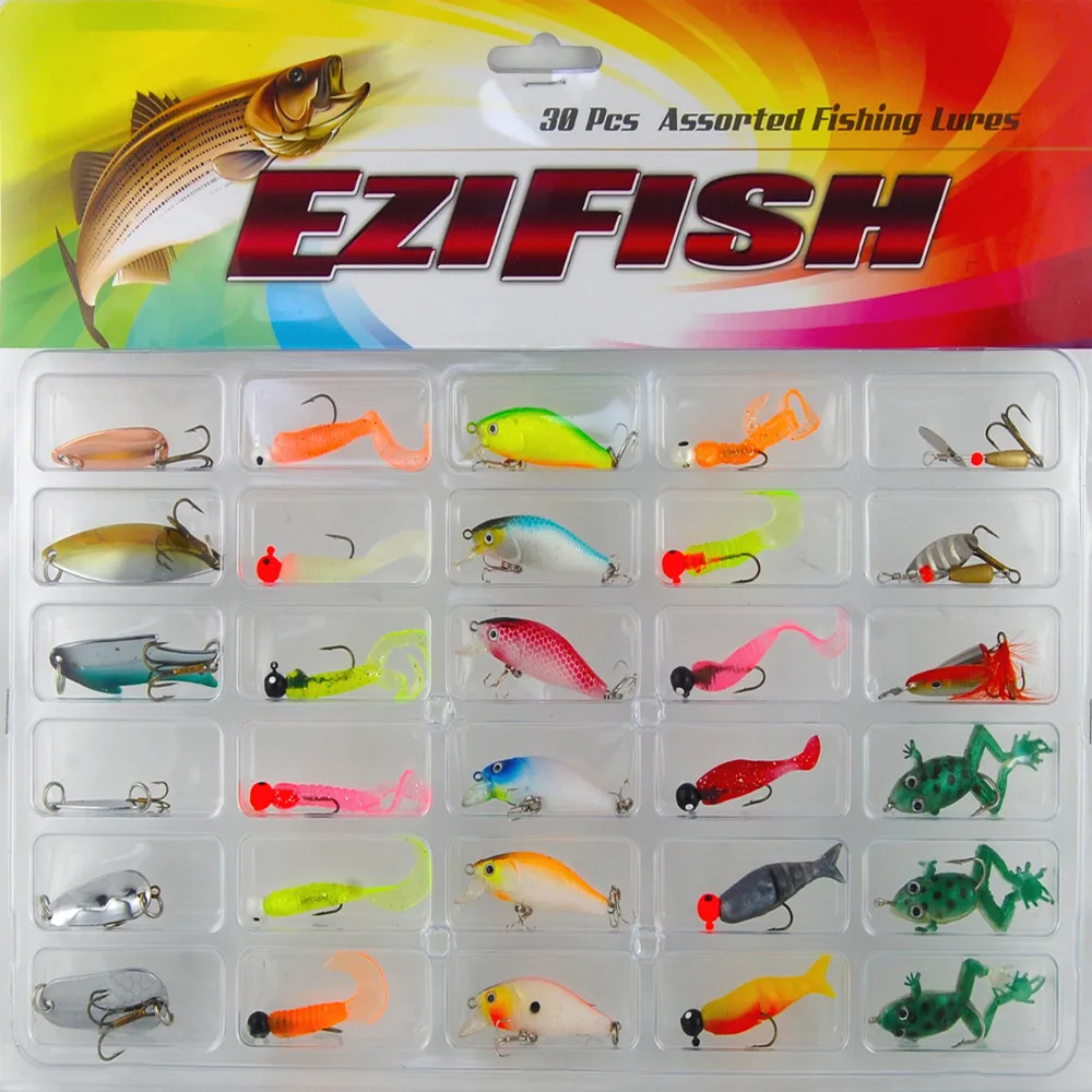 

Fishing Lure Set 30Pcs/card Plastic Jig Head Spin Spinner crank bait Spoon Sequins Hard soft Mix Bait with Hooks Fishing tackle
