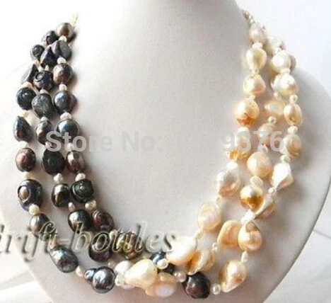 

Free shipping >>@ > 17inch 3Strands Pink Black Baroque Freshwater Pearl Necklace