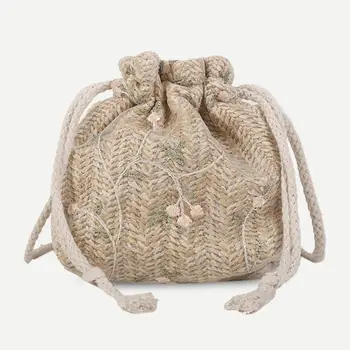

Ladies Small Bucket Fashion Lace Flower Decor Girl Messenger Shoulder Handbag Women Summer Straw Drawstring Casual Crossbody Bag