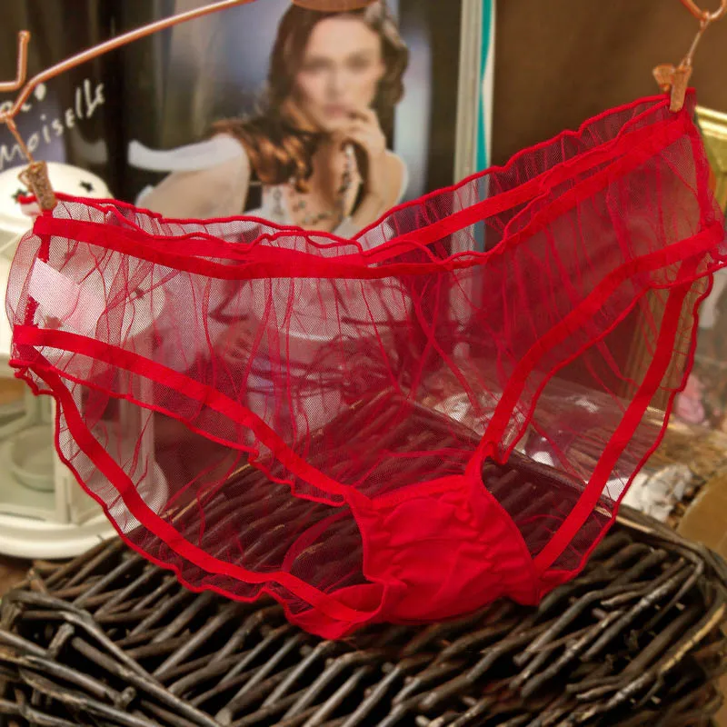 Модные сексуальные женские прозрачные сетчатые трусики с оборками и низкой талией, сексуальные трусики, нижнее белье HSJ88 - Цвет: Красный
