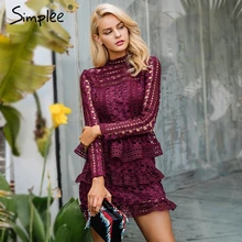 Simplee Elegant hollow out ruffle lace dress Women vintage long sleeve slim short dress Winter star party sexy dress vestidos
